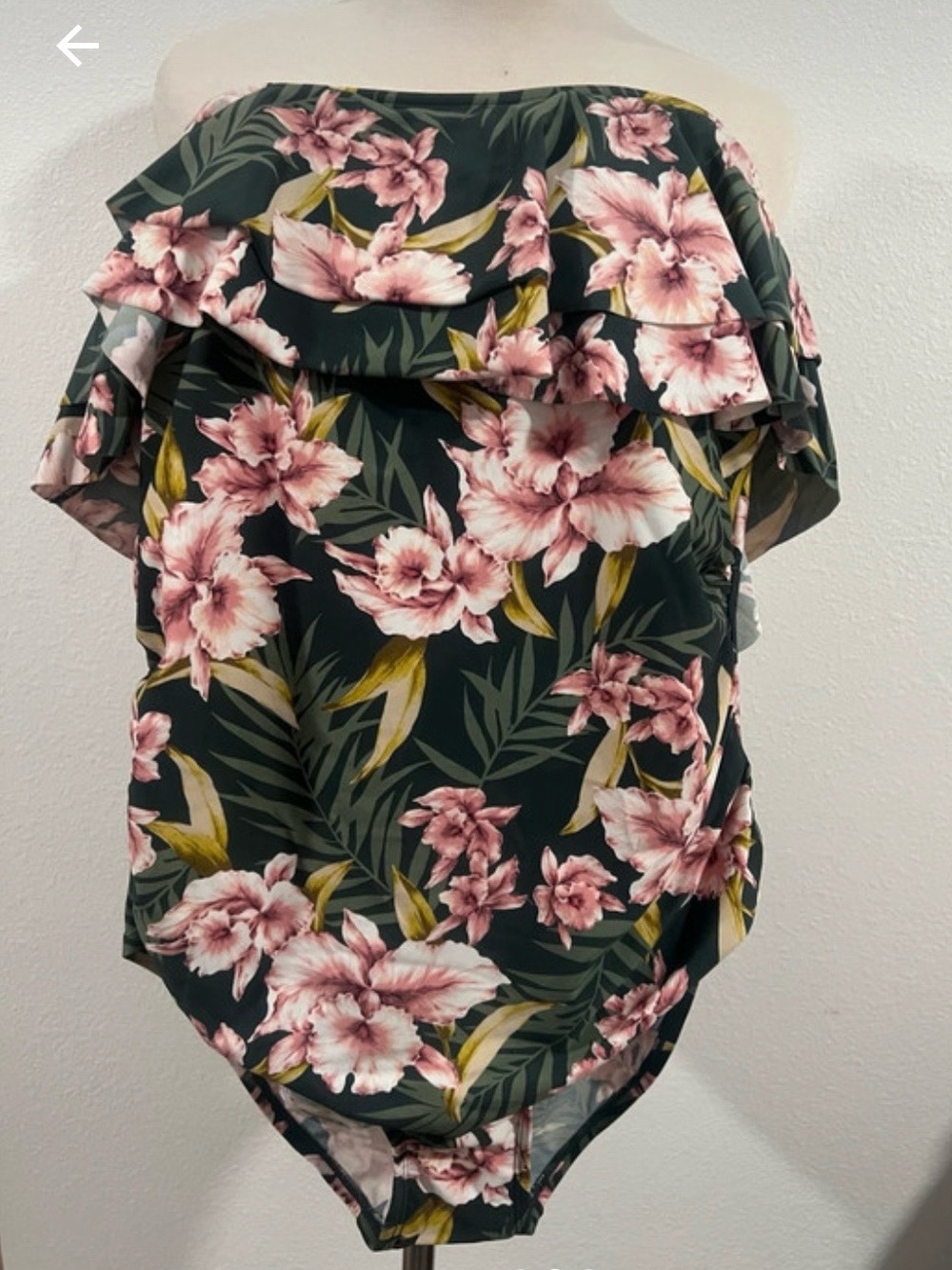 Kona Sol Dark Green Off-Shoulder Floral Bodysuit with Pink Flowers
